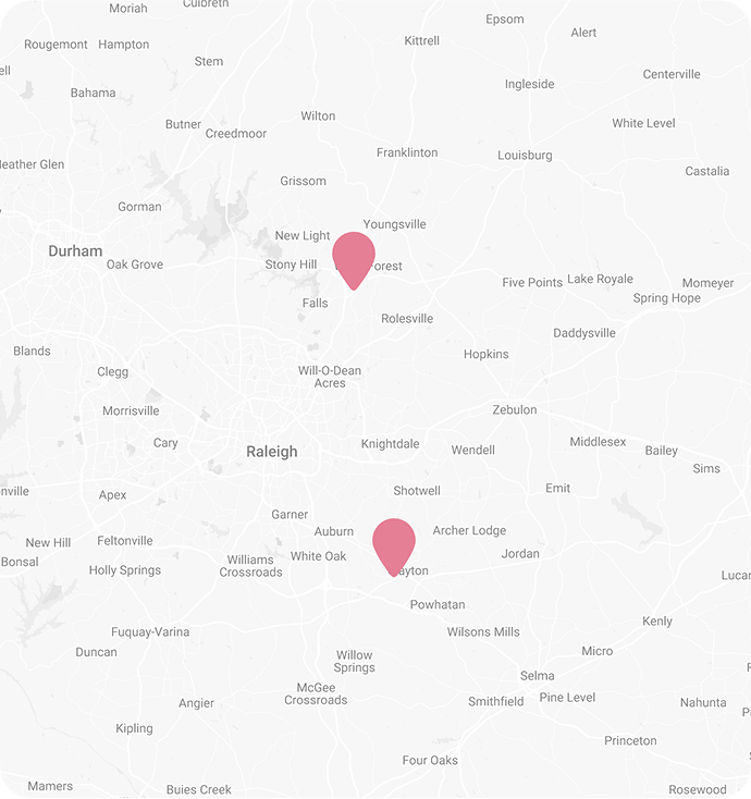 Map of the locations of Joy of Orthodontics in Wake Forest and Clayton, NC